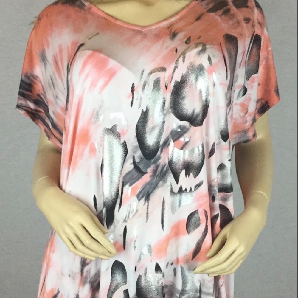 Plus size stretchy Turkish tunic white dark grey bright silver random tie- dye
